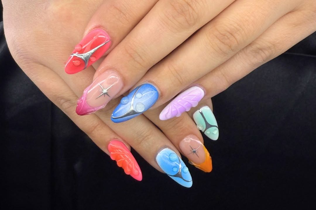 Multicolor almond nails with silver chrome lines, 3D droplets and sculpted accents